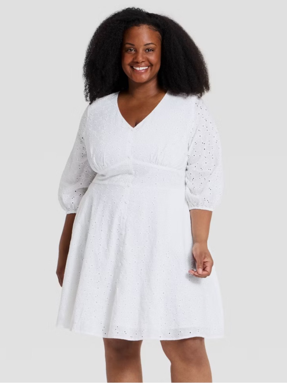 Ava & Viv Women's Plus Balloon 3/4 Sleeve Button-Front Short Flare A-Line Dress